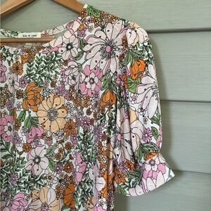 Kim & Cami Los Angeles Floral Print blouse pink green eyelet shirt Sz S top NWOT